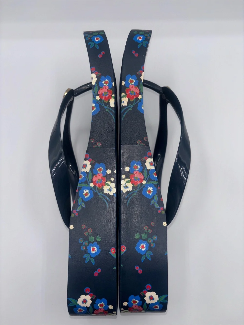 Tory Burch Navy Floral Logo Thong Sandals